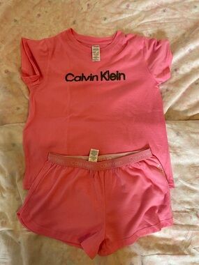 Calvin Klein Coral Pink Logo Tee and Elastic Waist Shorts Set